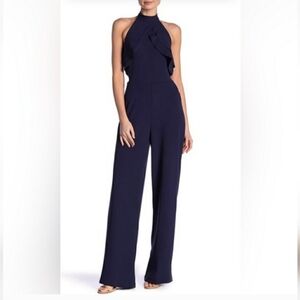 BEBE NAVY BLUE HIGH NECK HALTER RUFFLE OPEN BACK WIDE LEG JUMPSUIT SIZE 10